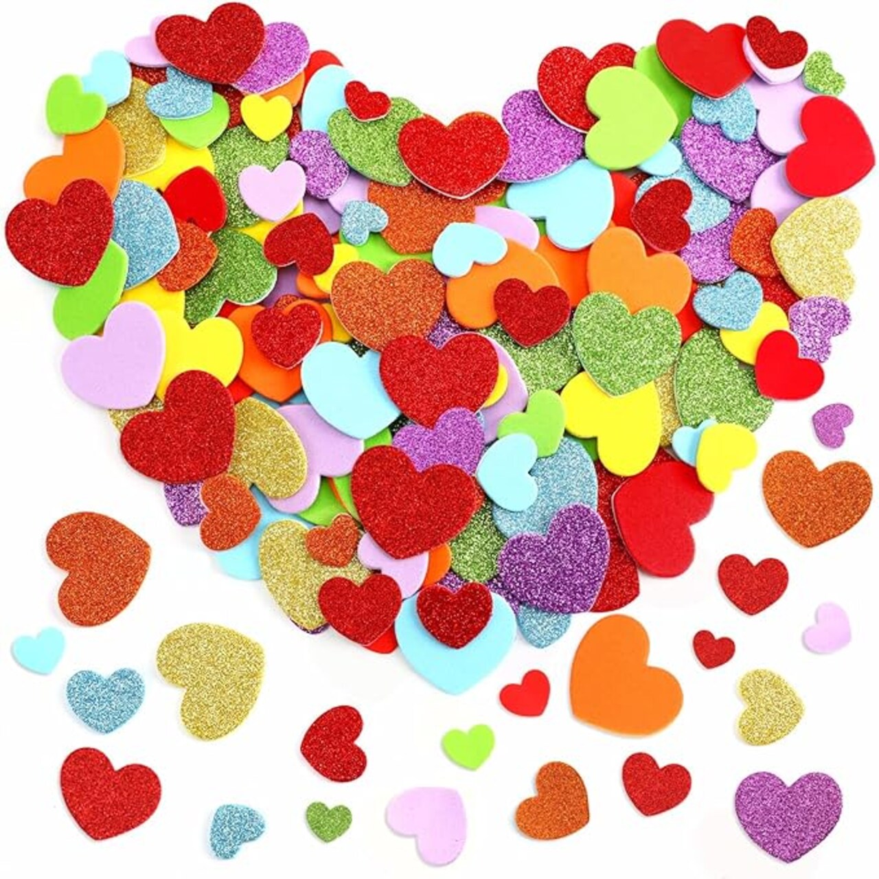 600 PCS Foam Heart Stickers Self Adhesive Glitter & Matte EVA Hearts Mixed Colors 3 Sizes for Valentine’s Day Crafts, Wedding Decorations, Scrapbooking, DIY Projects & Party Supplies